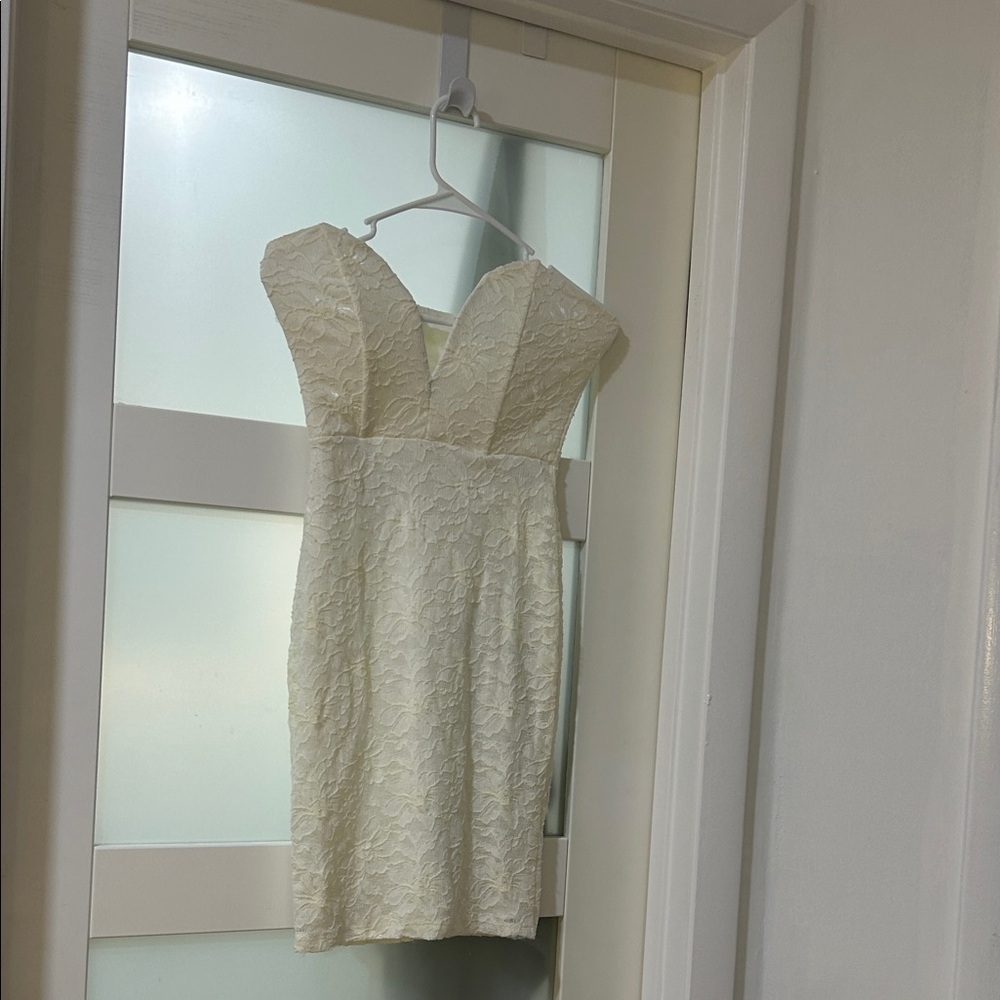 monaco Ivory Strapless Lace Midi Dress